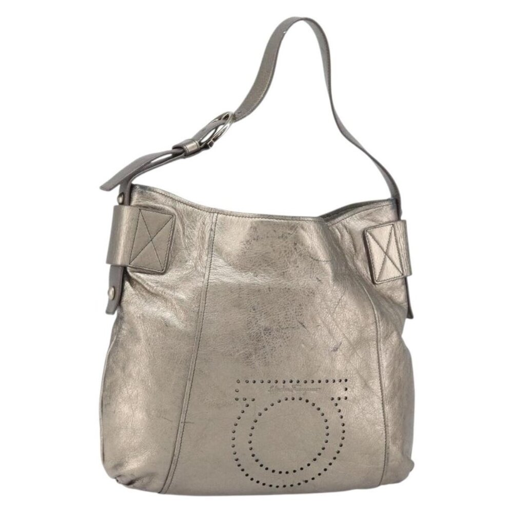 Authentic Salvatore Ferragamo Gancini Shoulder Bag Leather Gold